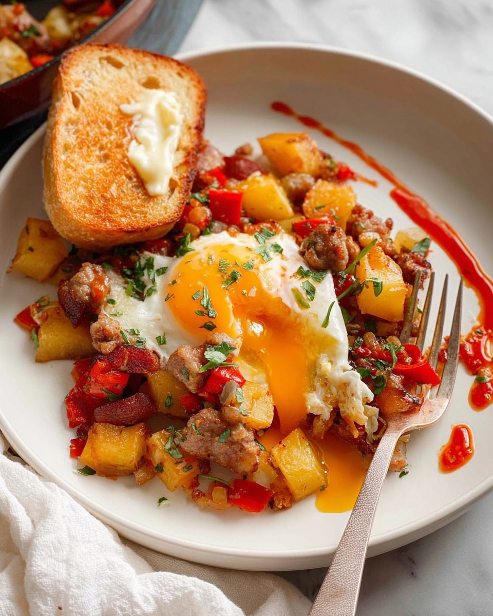 A white bowl holds a colorful breakfast hash with four layers: the base layer is golden brown cubed potatoes mixed with small chunks of browned sausage, the second layer includes bright red bell pepper pieces and crispy bacon bits, the third layer is a perfectly cooked sunny-side egg with a glossy, runny orange yolk and white edges, all sprinkled with finely chopped green herbs. Surrounding the food inside the bowl are swirls of red hot sauce, adding a vibrant contrast. A slice of toasted bread lightly spread with butter leans against the side of the bowl. A silver fork rests on the right edge of the bowl on a white marbled surface with a folded white cloth nearby. photo taken with an iphone --ar 4:5 --v 7