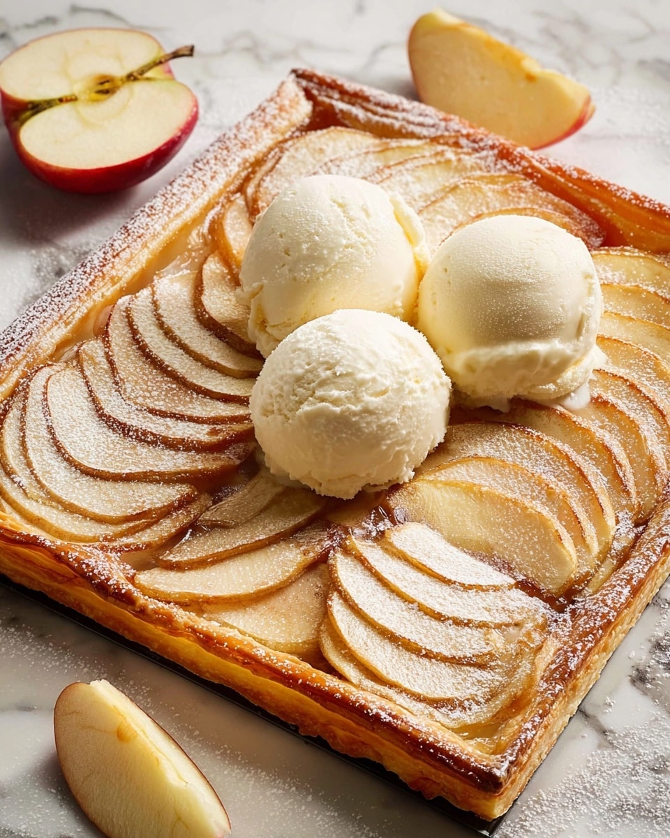 A square apple tart with three scoops of melting vanilla ice cream placed in the center, sitting on top of a layer of thinly sliced, golden-brown baked apples arranged in overlapping rows around the edges of the tart. The tart crust is golden and flaky, with its edges dusted lightly with powdered sugar. A few fresh apple wedges with red skin are placed near the tart on a baking tray. The background shows a white marbled texture. Photo taken with an iphone --ar 4:5 --v 7