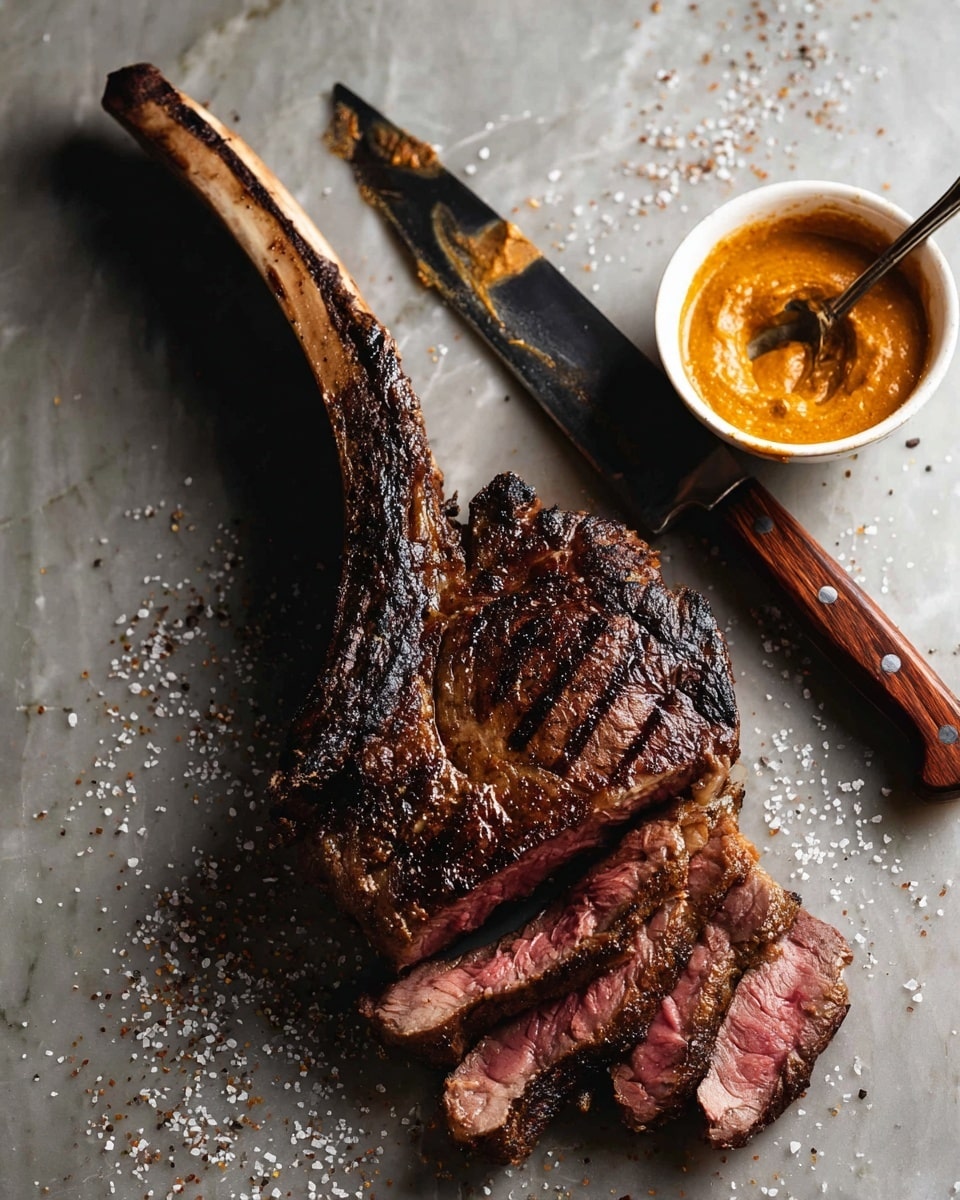 A large grilled tomahawk steak with a long bone is placed on a white marbled surface. The steak shows a dark brown, charred crust on top with three slices cut at the bottom, revealing a pink, juicy inside with a slight gradient from pale pink to deeper red near the edges. Coarse salt is scattered around the steak on the surface. Near the top right, there is a small white bowl filled with orange-brown sauce, with a silver spoon resting inside. To the right of the steak, a large knife with a wooden handle lies flat on the surface. Photo taken with an iphone --ar 4:5 --v 7