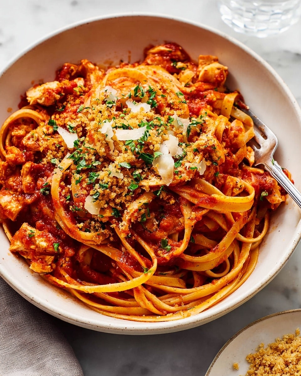 A deep white bowl holds a serving of fettuccine pasta coated in rich, thick red tomato sauce with small chunks of what looks like mushroom or meat mixed in. The pasta noodles are long and slightly curled, with some parts catching the light, showing a glossy texture. On top, there is a layer of crumbled white cheese and golden, crispy breadcrumbs, sprinkled lightly with green chopped herbs, adding a fresh contrast. A silver fork rests inside the bowl on the right side, partially twirled with pasta. The background shows a white marbled surface and a glass of water, emphasizing the colors of the dish. Photo taken with an iphone --ar 4:5 --v 7