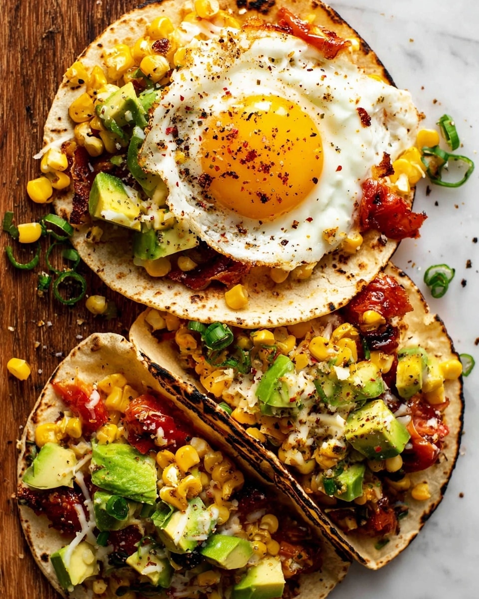 The image shows two grilled tortillas with dark char marks, each filled with bright yellow roasted corn kernels mixed with bits of green onions and reddish-brown bacon pieces. On top of one tortilla lies a sunny-side-up egg with a bright yellow yolk and slightly crisp white edges, sprinkled with black pepper. Around the egg are small chunks of green avocado and roasted red cherry tomatoes. The other tortilla is open, revealing the same mix of corn, green avocado, and roasted tomatoes inside. The tortillas and fillings are placed on a wooden surface with some spilled corn and chopped green onions scattered around. photo taken with an iphone --ar 4:5 --v 7
