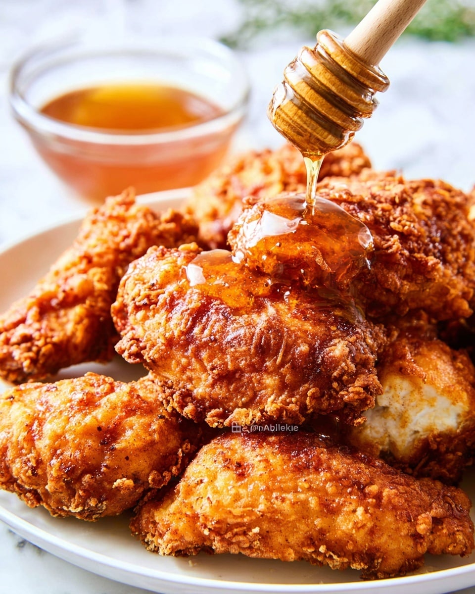 A white plate holds several pieces of crispy fried chicken with a golden brown and crunchy texture, some areas darker and some lighter showing the fried surface unevenness; on top of the chicken, glossy honey is being drizzled from a wooden honey dipper, adding a shiny amber layer with sticky flowing texture. Behind the chicken, there is a small clear glass bowl filled with thick amber honey. The whole scene is set against a white marbled texture background. photo taken with an iphone --ar 4:5 --v 7
