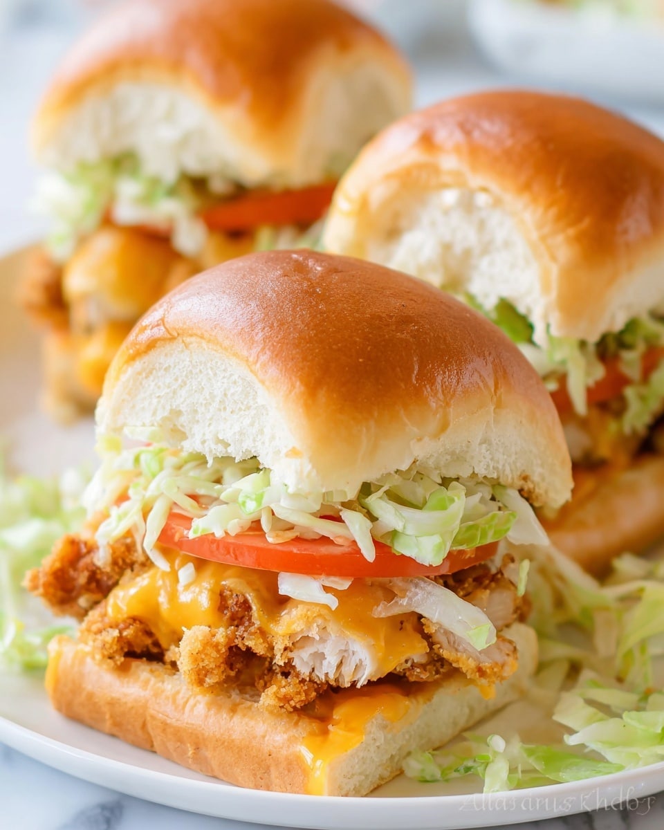The image shows three small sandwiches stacked close together on a white plate with a white marbled texture beneath. Each sandwich has a soft, shiny golden-brown bun on top and bottom. Inside, there is a layer of light green shredded lettuce, a slice of red tomato, crispy golden-brown fried chicken pieces, and melted orange-yellow cheese that looks gooey and fresh. The sandwiches are slightly open, showing the ingredients inside, and a few pieces of lettuce spread around the plate. photo taken with an iphone --ar 4:5 --v 7