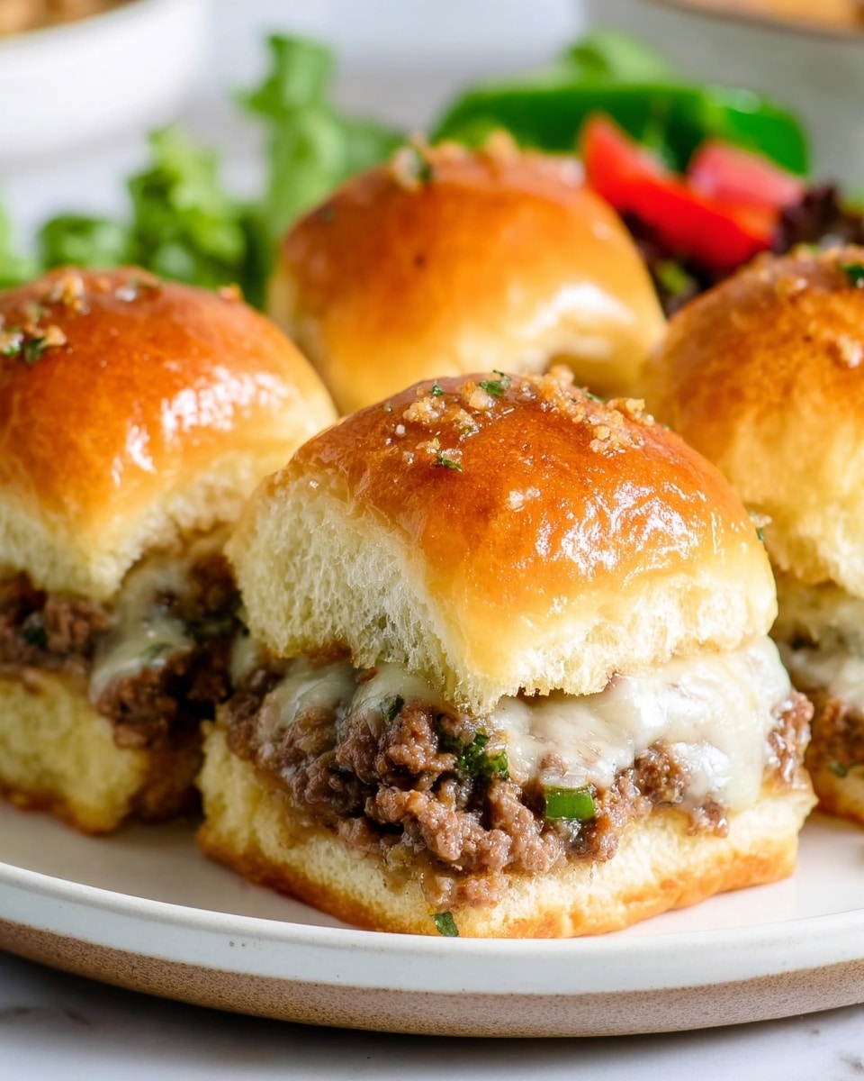 The image shows a close-up of four small sandwich sliders on a white plate, set on a white marbled texture. Each slider has a shiny golden-brown top bun with a soft texture and small bits of seasoning visible on the surface. The bottom half of the buns holds a filling made of cooked ground meat mixed with melted cheese, which looks creamy and gooey. There are also small pieces of green peppers mixed in with the meat, adding a fresh, vibrant green color. The sliders are grouped close together, with some fresh green lettuce and thin carrot strips blurred in the background. photo taken with an iphone --ar 4:5 --v 7