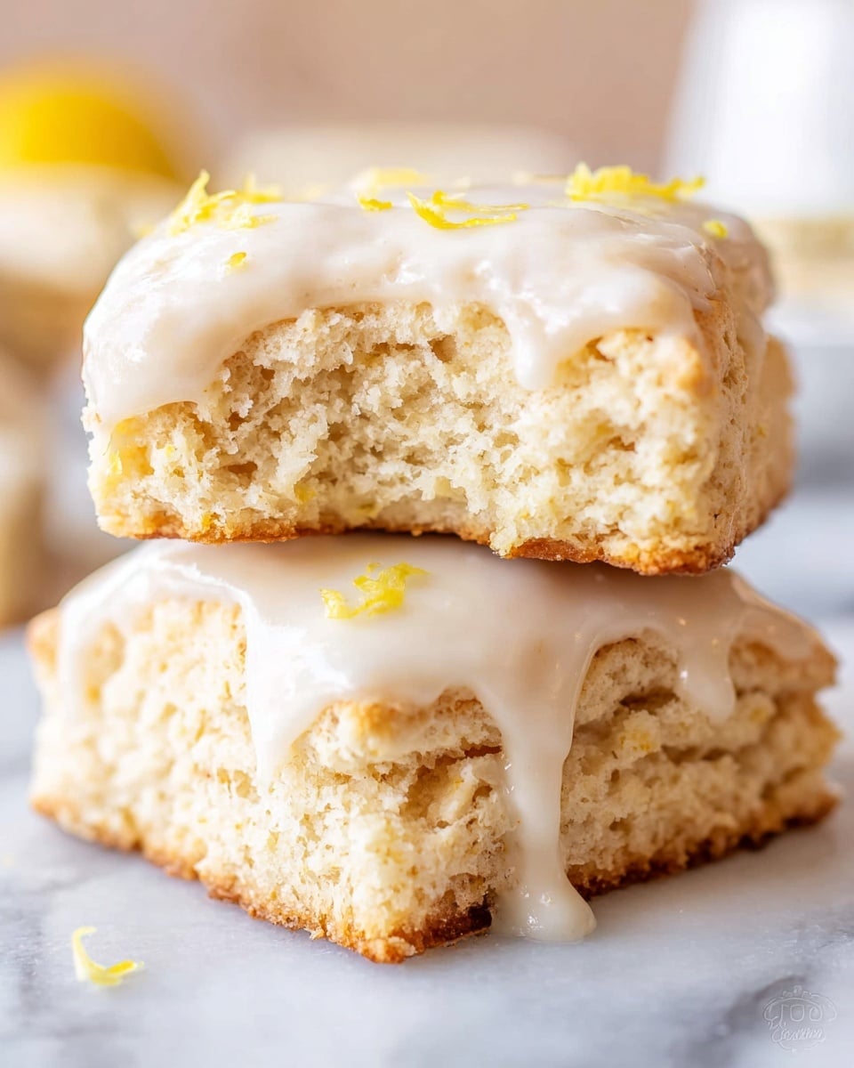 Two square-shaped scones stacked on top of each other on a white marbled surface, each with a crumbly texture and light golden-brown edges. The top scone shows a bite taken out of it, revealing a soft and moist inside with a pale beige color. Both scones are topped with a thick layer of glossy white icing that drips slightly down the sides, with small bits of yellow zest scattered on top. The background is softly blurred, keeping the focus on the scones. photo taken with an iphone --ar 4:5 --v 7