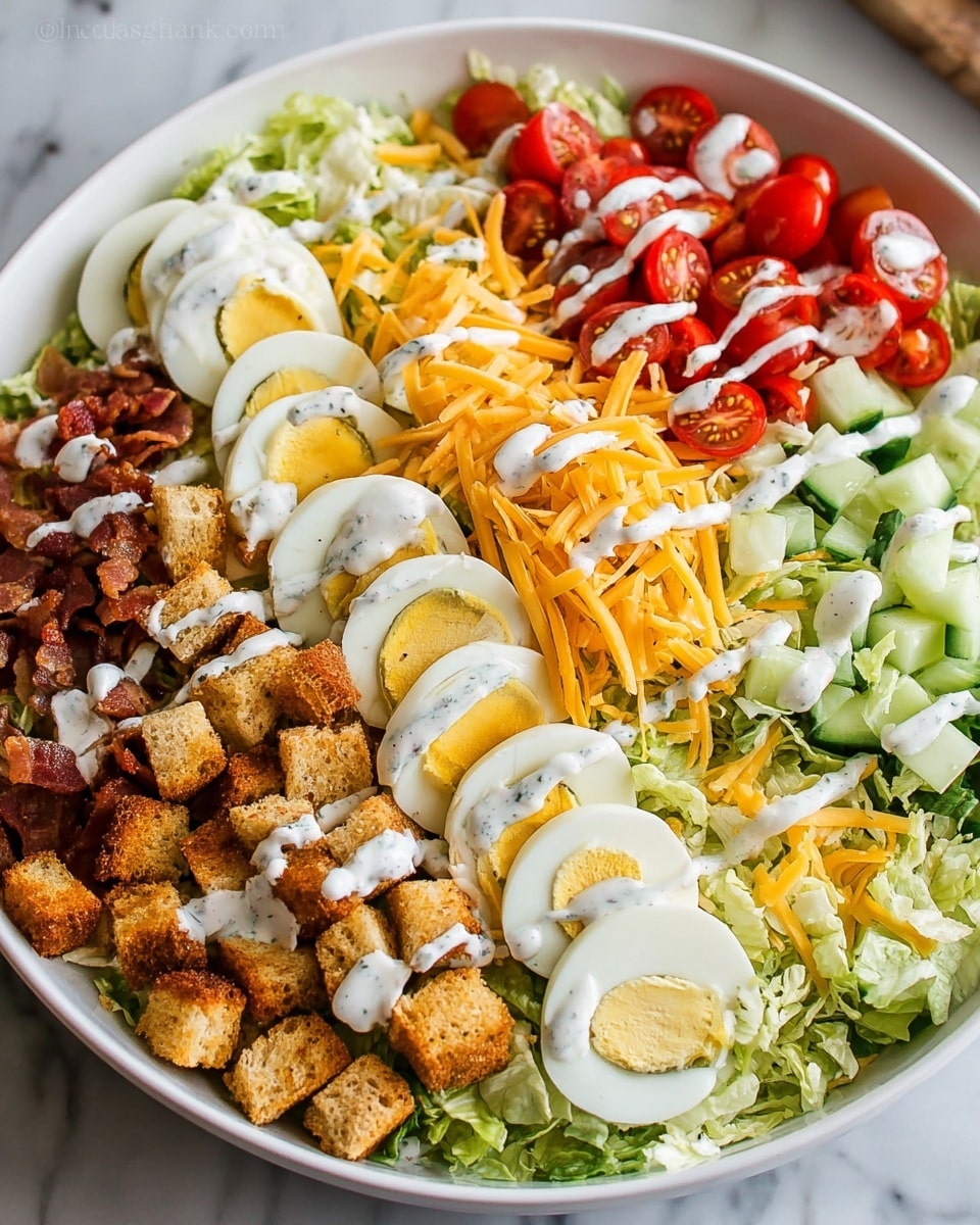 A large white bowl is filled with a colorful layered salad starting from shredded green lettuce at the bottom, followed by scattered chopped cucumbers on one side with light green and darker green shades, next to them are crunchy golden-brown croutons spread across. There are bright red halved cherry tomatoes placed in a neat section beside slices of hard-boiled eggs with white outer layers and yellow centers. Thin strips of orange shredded cheese cover much of the salad with a drizzle of creamy white dressing spread lightly over the top, adding a glossy texture. Photo taken with an iphone --ar 4:5 --v 7