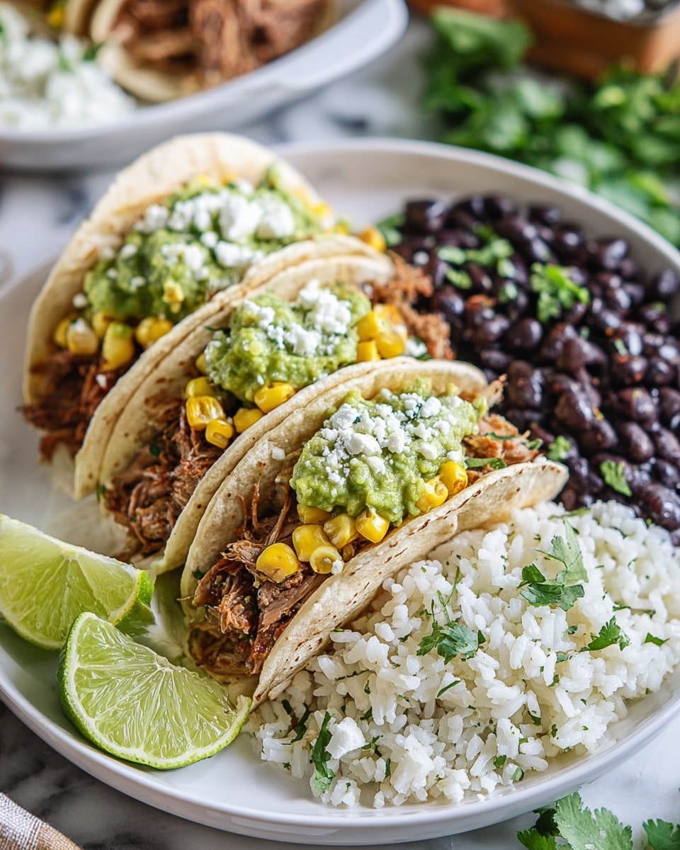 The image shows three small soft white corn tortillas arranged side by side on a white plate, each filled with shredded brown meat, bright yellow corn kernels, light green guacamole, chopped green herbs, and white crumbly cheese on top. In the back of the plate, there is a serving of dark black beans and a mound of white rice with green herbs mixed in. Two lime slices are placed near the back of the plate. The plate is on a white marbled surface. Photo taken with an iphone --ar 4:5 --v 7