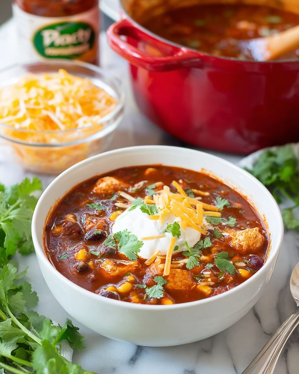 A white bowl filled with a rich reddish-brown soup that has tender chunks of meat, black beans, and corn pieces visible throughout. On top, a dollop of white sour cream is placed in the center, sprinkled with green cilantro leaves and a few strands of yellow shredded cheese. Behind the bowl is a large red pot also filled with the same soup, garnished with sour cream and cilantro. To the left is a clear bowl with shredded yellow and white cheese. The setting is on a white marbled surface with some cilantro sprigs and a spoon on the side. photo taken with an iphone --ar 4:5 --v 7