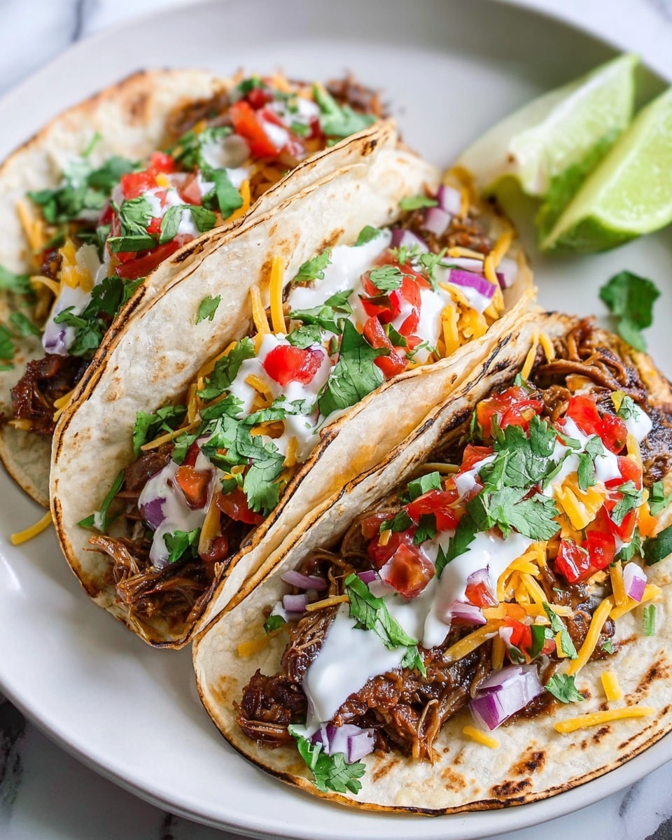 Three soft corn tortillas are folded and filled with layers of dark brown cooked meat, topped with chopped bright red tomatoes, green cilantro leaves, small pieces of red onion, and shredded orange cheddar cheese. There are white cream drizzles over the toppings. A green lime wedge sits on the left side of the white plate. The plate rests on a white marbled texture. photo taken with an iphone --ar 4:5 --v 7