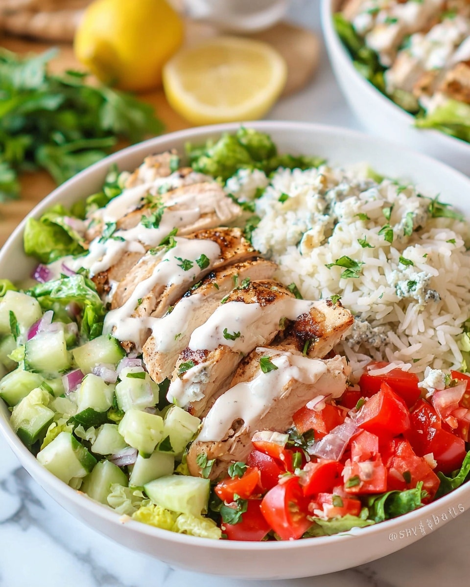 A white bowl is filled with a colorful layered salad, starting at the bottom with a fresh green lettuce base mixed with chopped cucumber and red bell pepper pieces. On top, there are several slices of grilled chicken with light brown grill marks, covered lightly with creamy white dressing sprinkled with finely chopped herbs. To one side, there is a pile of fluffy white rice topped with small bits of green herbs and a mix of diced red tomatoes and onions, also drizzled with the same white dressing. The bowl rests on a white marbled surface with a half lemon and greenery blurred in the background. photo taken with an iphone --ar 4:5 --v 7