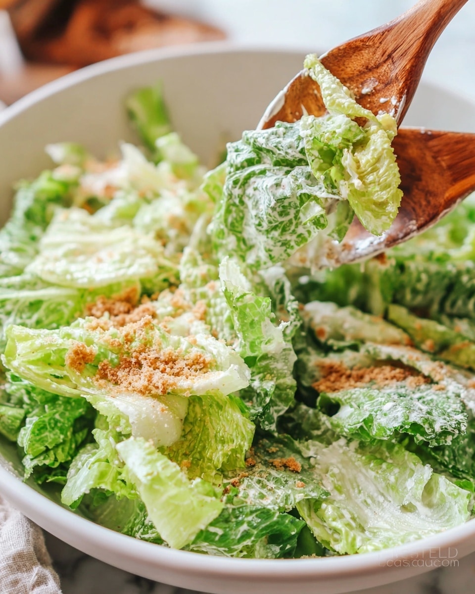 A fresh Caesar salad shown in a white bowl on a white marbled surface, with two wooden spoons lifting the salad inside; the salad has a base layer of bright green romaine lettuce leaves with a creamy white dressing lightly coating them, sprinkled with fine, light brown toasted breadcrumbs and grated pale yellow Parmesan cheese scattered on top, giving the salad a mix of green, white, and beige colors with fresh, crisp textures. photo taken with an iphone --ar 4:5 --v 7