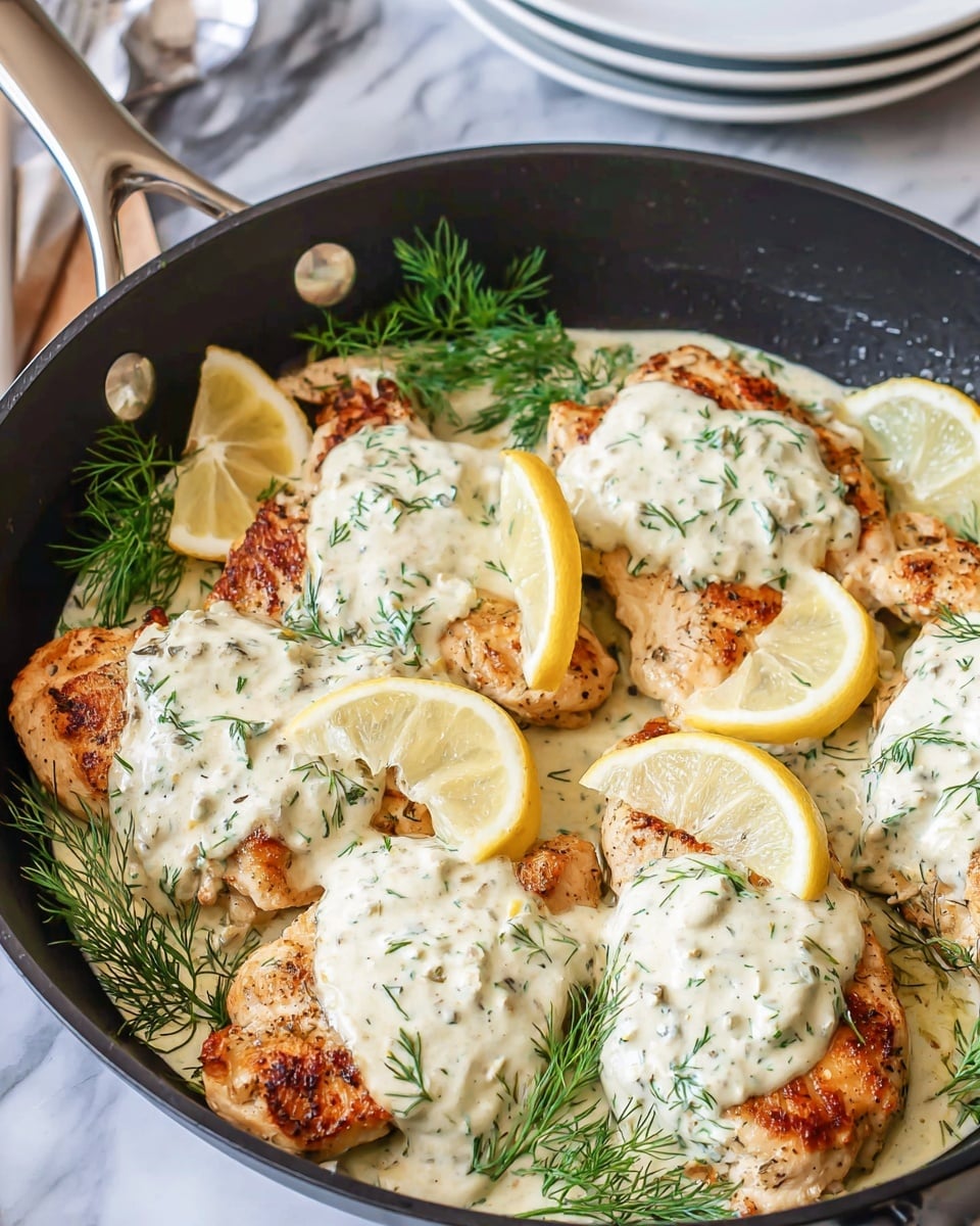 A black pan holds six golden-brown cooked chicken breasts as the base layer, each piece topped with a thick, creamy white sauce speckled with green herbs. Bright yellow lemon slices and sprigs of fresh green dill are scattered on top and around the chicken, adding pops of color. The pan is set on a white marbled surface with a stack of white plates in the blurred background. photo taken with an iphone --ar 4:5 --v 7