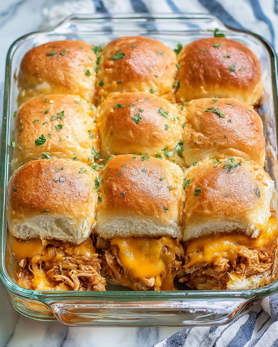 A glass baking dish holds nine soft white buns arranged in three rows, each bun showing a shiny, golden brown top sprinkled with small green herb bits. Inside, shredded light brown chicken mixed with a rich, melted orange cheddar cheese layer peeks out from between the buns, with some cheese oozing around the edges. The buns look fluffy with a slightly crisp and textured top, and the dish is set on a white marbled surface with a striped cloth partly visible. photo taken with an iphone --ar 4:5 --v 7
