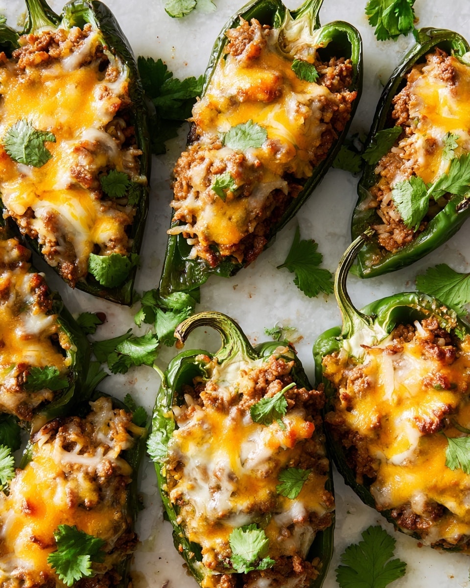 Several green jalapeño peppers are halved and filled with a mixture of ground meat and rice, topped with melted yellow and white cheese. The peppers are placed on a white marbled surface, and small green cilantro leaves are scattered around and on top of the filling. The cheese has a smooth, slightly bubbly texture, and the filling inside the peppers looks soft and mixed with herbs and spices. The peppers have a shiny, slightly wrinkled skin, indicating they are cooked. photo taken with an iphone --ar 4:5 --v 7
