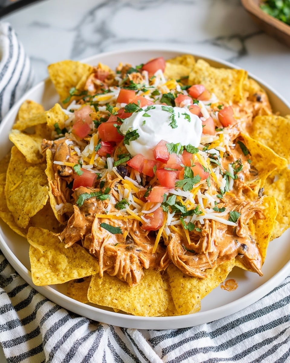 A white plate is filled with a base layer of thick, yellow tortilla chips arranged unevenly. On top, a creamy mixture with shredded chicken and black beans creates a textured, slightly reddish layer. Over this, a generous sprinkle of shredded yellow and white cheese adds a soft, stringy contrast. Small, bright red diced tomatoes and chopped green cilantro leaves are scattered across, adding color and freshness. A dollop of white sour cream sits near the center, partially covered with more shredded cheese and cilantro. The plate rests on a white marbled surface with a blue and white striped cloth underneath. Photo taken with an iphone --ar 4:5 --v 7