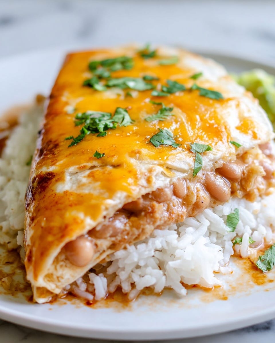 A close-up of a white plate with a single folded burrito on it, showing three visible layers: the bottom layer is soft and light brown with a creamy texture, the middle layer is a slightly darker brown with a thick filling that looks like beans or refried beans, and the top layer is bright orange melted cheese with small green cilantro leaves scattered on it. Under the burrito, some white rice is visible mixed with sauce, and part of the burrito wrapper is seen folded back. The background has a white marbled texture. Photo taken with an iphone --ar 4:5 --v 7