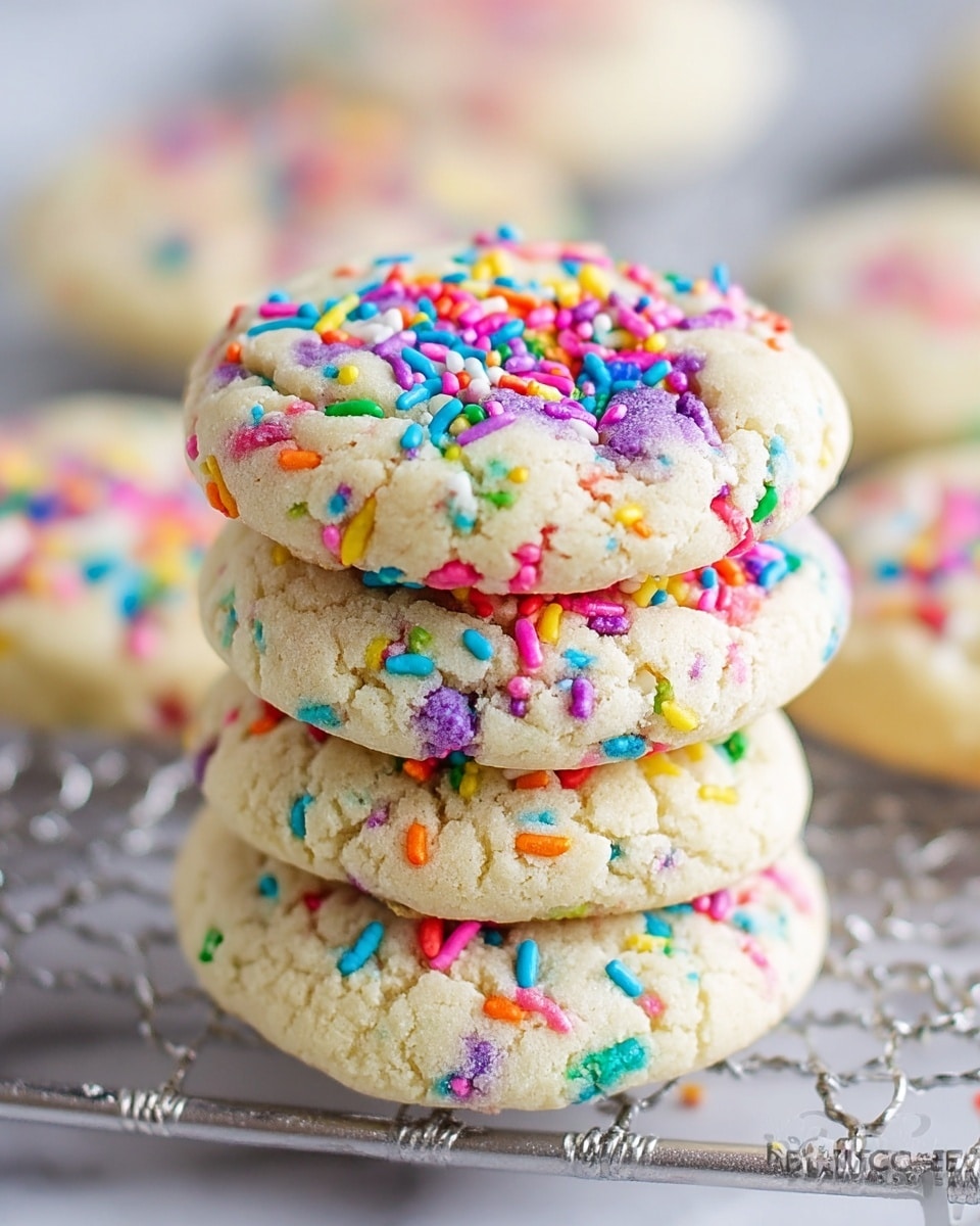 A stack of four soft, round cookies with a light beige color, each generously covered with bright, multicolored sprinkles in pink, blue, green, yellow, purple, orange, and red. The cookies have a slightly cracked surface and appear thick and chewy. The stack sits on a metal cooling rack placed on a white marbled texture. The background is softly blurred, highlighting the colorful sprinkles and the texture of the cookies. photo taken with an iphone --ar 4:5 --v 7