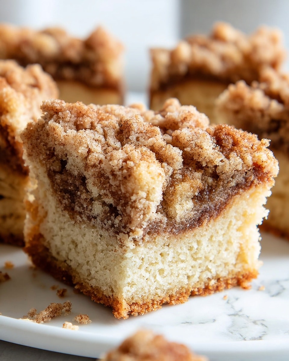 A close-up of a square piece of crumb cake showing two main layers: the bottom layer is soft, light beige cake with a slightly moist texture, and the top layer is a thick, crumbly streusel topping in shades of light to medium brown with a sandy texture. There are visible cinnamon swirls mixed into the cake near the middle, giving a darker brown marbled effect. The cake piece sits on a white plate with a smooth surface, and small cake crumbs are scattered near it. In the background, blurred pieces of crumb cake with similar layers are visible on a white marbled surface. photo taken with an iphone --ar 4:5 --v 7