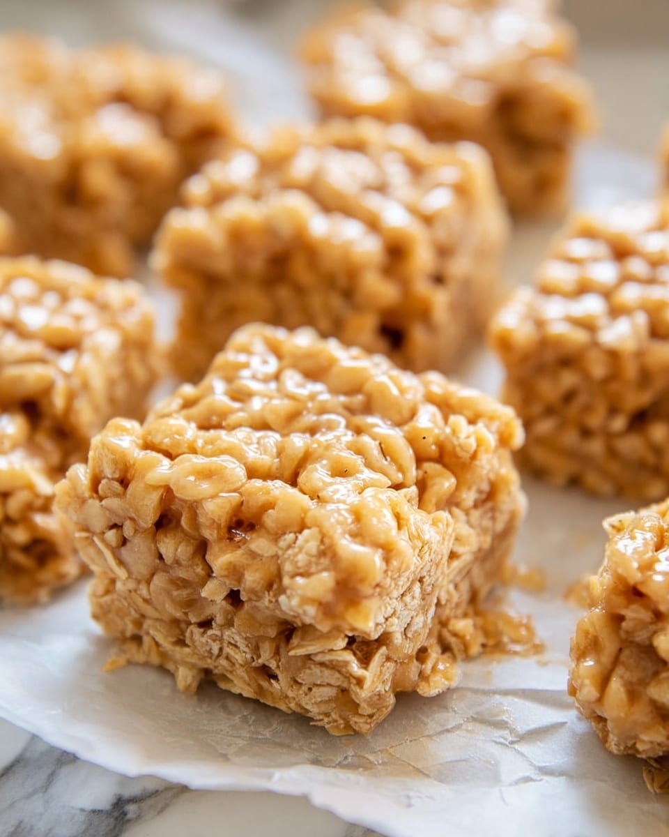 The image shows several soft, square-shaped rice crispy treats placed on a white marbled surface. Each treat has one visible layer made from sticky, light golden brown rice cereal mixed with melted marshmallows, giving them a glossy, slightly bumpy texture. The treats are grouped close to each other with soft focus on the background treats, making the front squares sharp and detailed. photo taken with an iphone --ar 4:5 --v 7