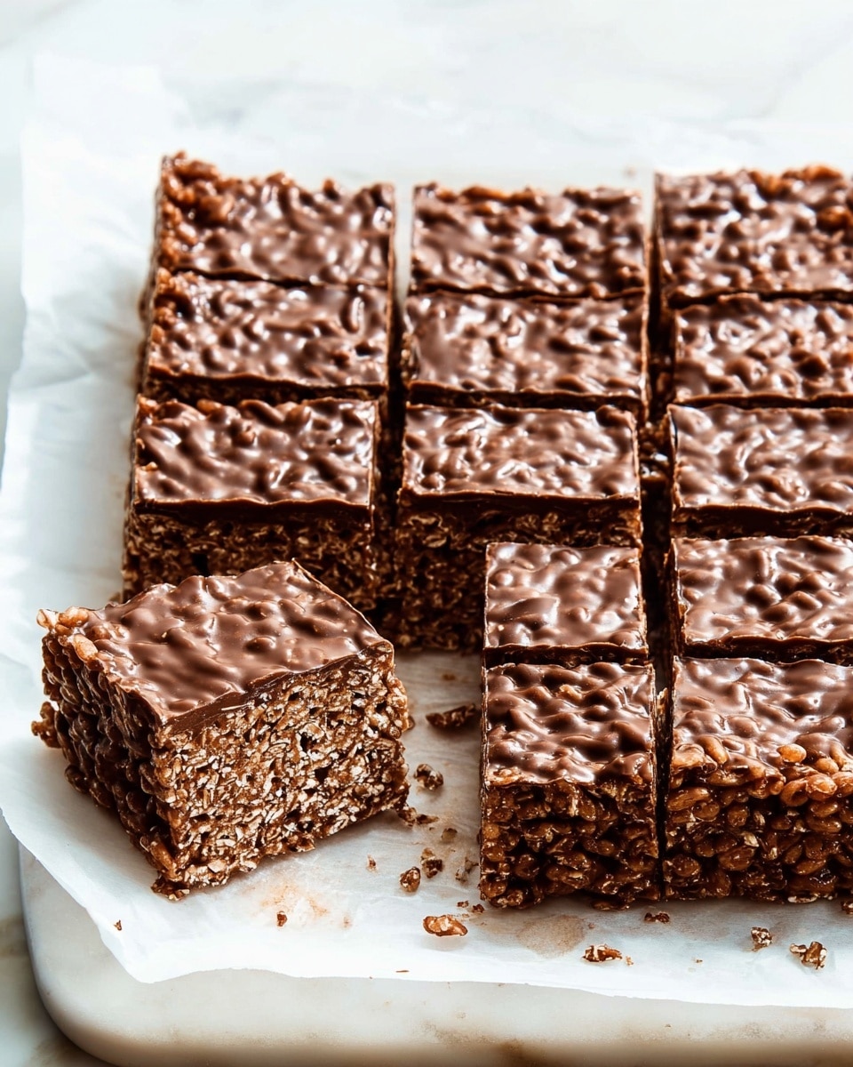 A set of thick chocolate bars cut into squares, arranged on a sheet of slightly crumpled white parchment paper over a white marbled surface. Each bar shows a rich and dense texture with a shiny, uneven top layer covered in chunks of nuts or crispy bits that create a rough, bumpy surface. The inside layer is darker and more uniform, displaying a fudgy and moist consistency mixed with crunchy elements. The chocolate has a glossy finish, and the edges are clean but soft, showing the moist interior clearly. Photo taken with an iphone --ar 4:5 --v 7