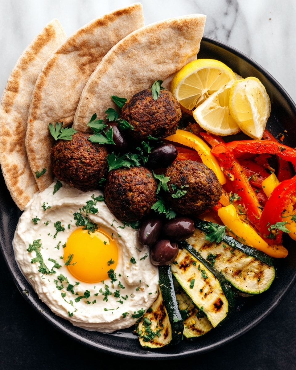 A white plate with five triangular pita bread pieces arranged around the upper left side. Below the pita, there is a layer of white creamy sauce topped with green herbs. To the right of the sauce, there are three brown falafel balls placed closely together. Near the falafel, black olives are scattered, with a lemon wedge placed at the top right. Below the olives, there are sliced yellow and red bell peppers arranged in small strips. Finally, at the bottom right, grilled green zucchini slices are positioned in a small pile. The plate rests on a white marbled surface. Photo taken with an iphone --ar 4:5 --v 7