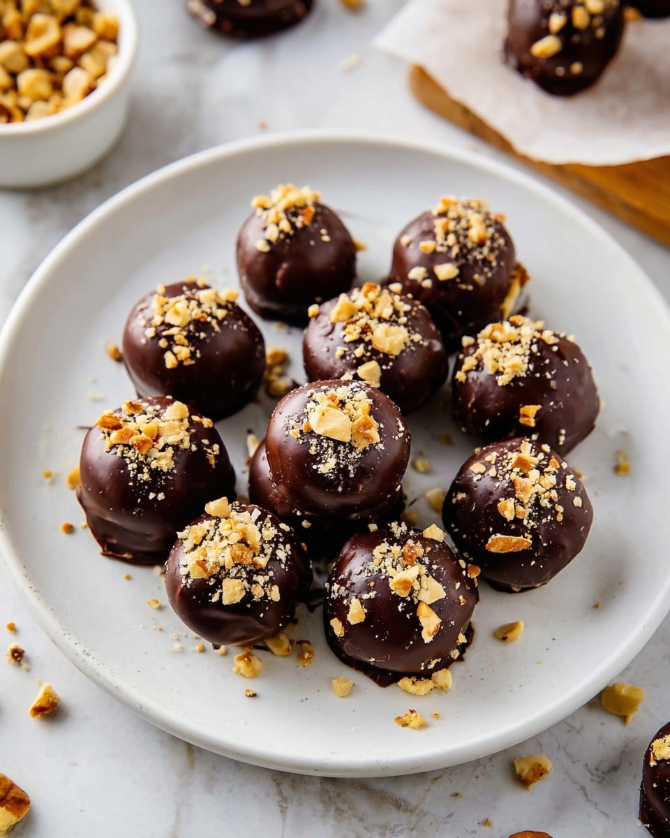 A white plate filled with 14 round chocolate-covered balls arranged loosely in a circular pattern. Each ball has a smooth glossy dark chocolate coating topped with small pieces of crushed nuts, giving a slightly rough texture on top. Some are placed on a white marbled surface nearby, with a blurred white bowl of nuts visible in the background. The overall look is rich and inviting with scattered nut pieces adding contrast. photo taken with an iphone --ar 4:5 --v 7