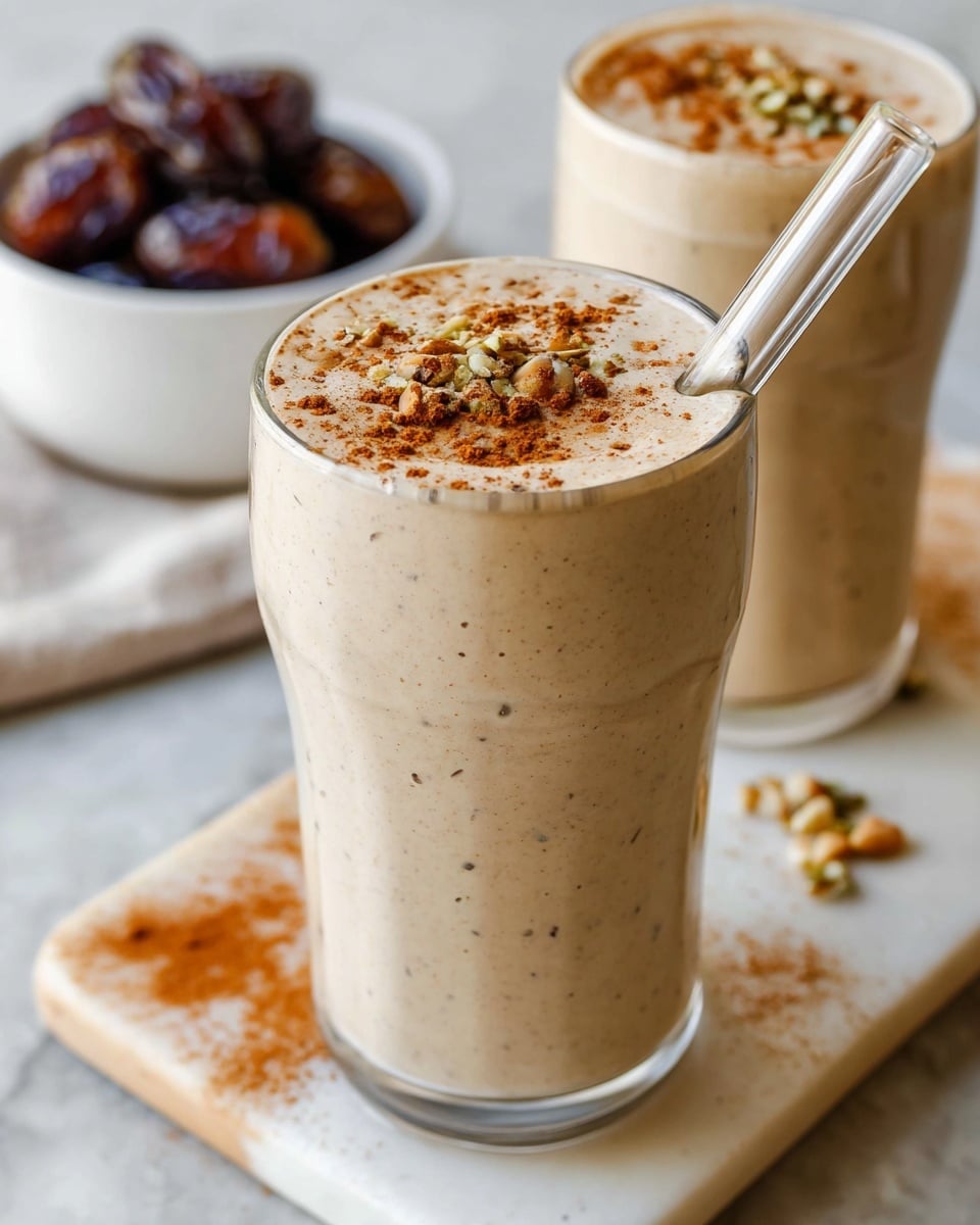 The image shows a tall, curvy glass filled with a creamy beige smoothie that has a smooth texture. On top of the smoothie, there are small pieces of dark brown dates and a sprinkle of cinnamon powder, adding a textured look with warm brown shades. A clear glass straw is placed inside the glass, angled to the right. In the background, there is a second glass with the same smoothie and a white bowl with more dates, all set on a white marbled surface scattered with small bits of dates. Photo taken with an iphone --ar 4:5 --v 7