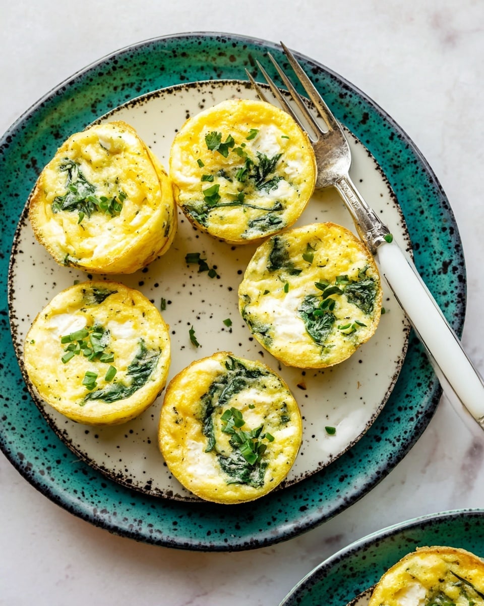 The image shows five small egg bites arranged on a white plate with a green interior and black speckled rim. Each egg bite is round with a golden-yellow top layer dotted with bits of white cheese and small green herbs, creating a textured surface. The edges of the egg bites are a light golden brown, indicating they are baked. The plate also holds a silver fork with a white handle resting on it. The background is a white marbled texture. Photo taken with an iphone --ar 4:5 --v 7