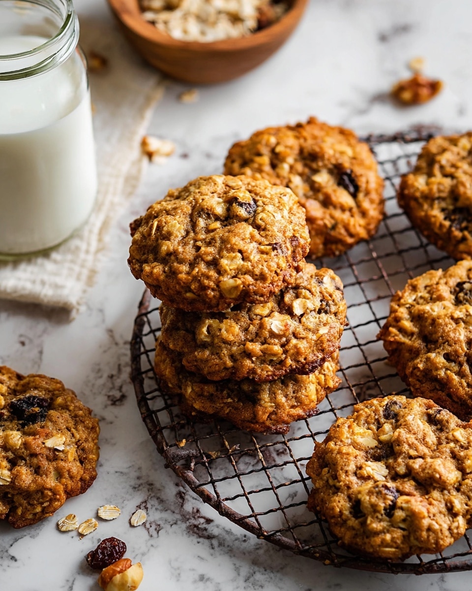 The image shows a group of five oatmeal cookies placed closely together on a round black wire cooling rack. The cookies are thick and textured with visible oats and small dark bits, giving them a rough and crumbly surface with warm brown and golden tones. The cooling rack is on a white marbled surface, scattered with small pieces of broken nuts. To the top left, there is a glass jar filled with white milk, and to the top right, a wooden bowl with chopped nuts. The warm colors of the cookies contrast with the cool white marbled background, creating a cozy and inviting feel. photo taken with an iphone --ar 4:5 --v 7