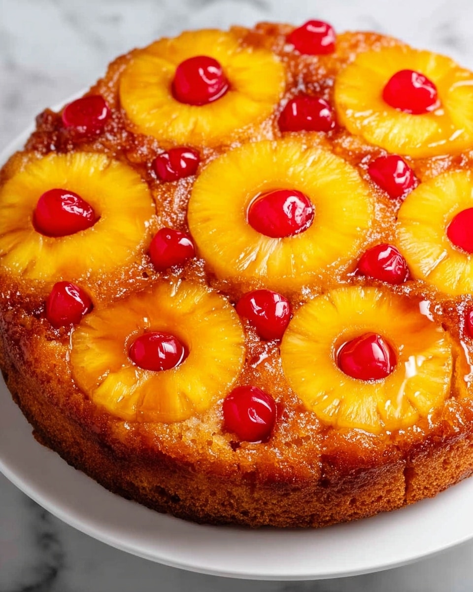 The image shows a pineapple upside-down cake on a white plate placed on a white marbled surface. The cake has one thick golden-brown layer as the base, topped with a shiny layer of caramelized glaze. On top, there are circular yellow pineapple slices arranged evenly in a ring, with one large pineapple ring in the center. Bright red cherries are placed inside the holes of the pineapple rings and scattered between the slices, adding pops of color. The cake looks moist and glossy, highlighting the contrast between the warm yellow pineapples and deep red cherries. Photo taken with an iphone --ar 4:5 --v 7