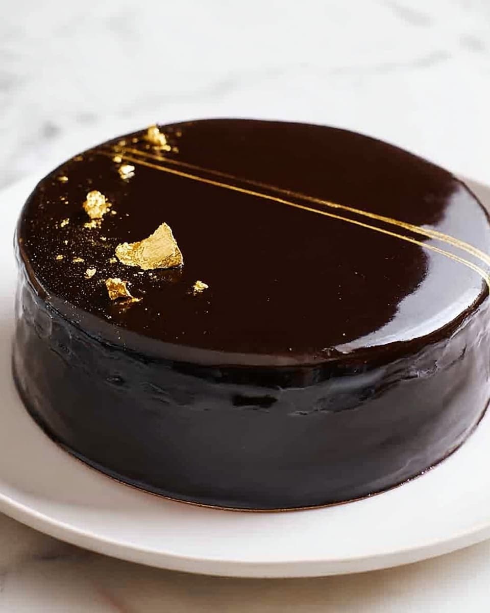A smooth, shiny, round cake covered in a dark, glossy chocolate glaze creating a mirror-like surface with a few small gold leaf flakes delicately placed near the top edge. The cake sits on a simple white plate, which rests on a white marbled surface. The sides of the cake are perfectly even, reflecting the light softly. photo taken with an iphone --ar 4:5 --v 7