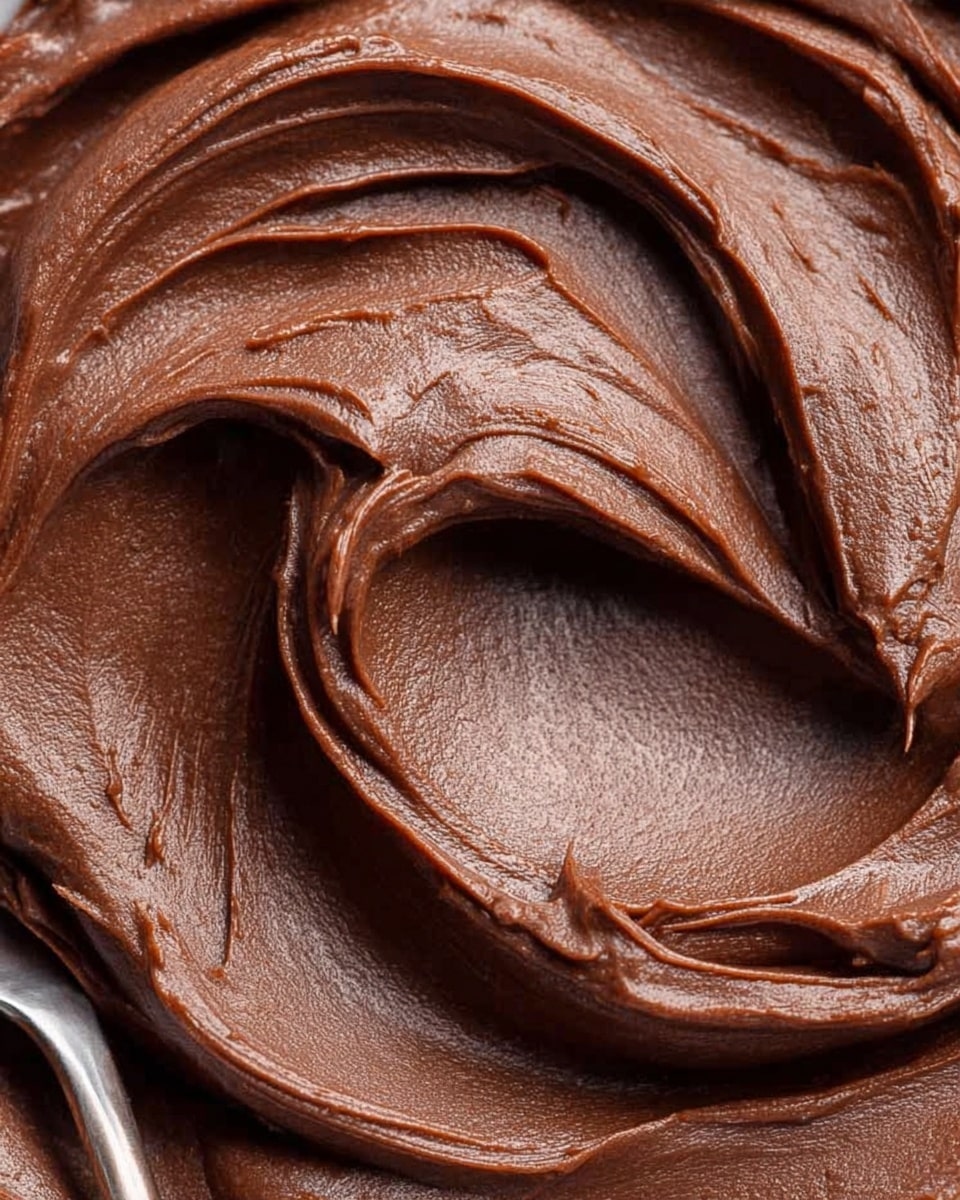 A close-up view of a smooth and creamy layer of chocolate frosting with swirls and soft peaks, showing rich, dark brown color and thick texture, with a small silver spoon edge barely visible at the bottom on a white marbled surface. photo taken with an iphone --ar 4:5 --v 7