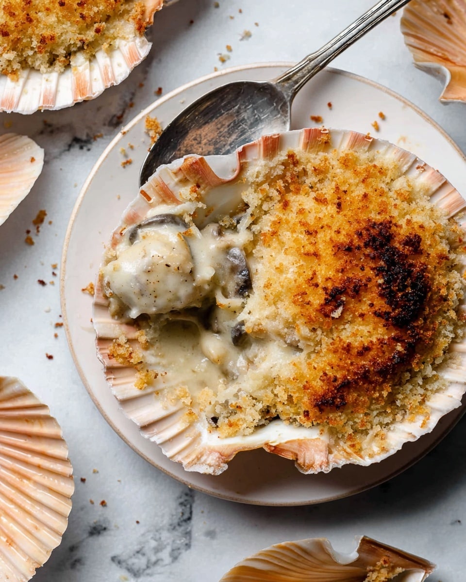 A white round dish holds a baked seafood casserole with two distinct layers: the top layer is a golden-brown crispy breadcrumb crust that is uneven and crumbly, while the layer beneath is a creamy, white sauce mixed with small pieces of mushrooms and scallops visible in the sauce. A silver spoon is partially dipped into the creamy layer, slightly lifting some of the sauce and seafood. The dish sits on a white marbled surface, with scattered breadcrumb crumbs around and a few empty white scallop shells placed nearby. Photo taken with an iphone --ar 4:5 --v 7