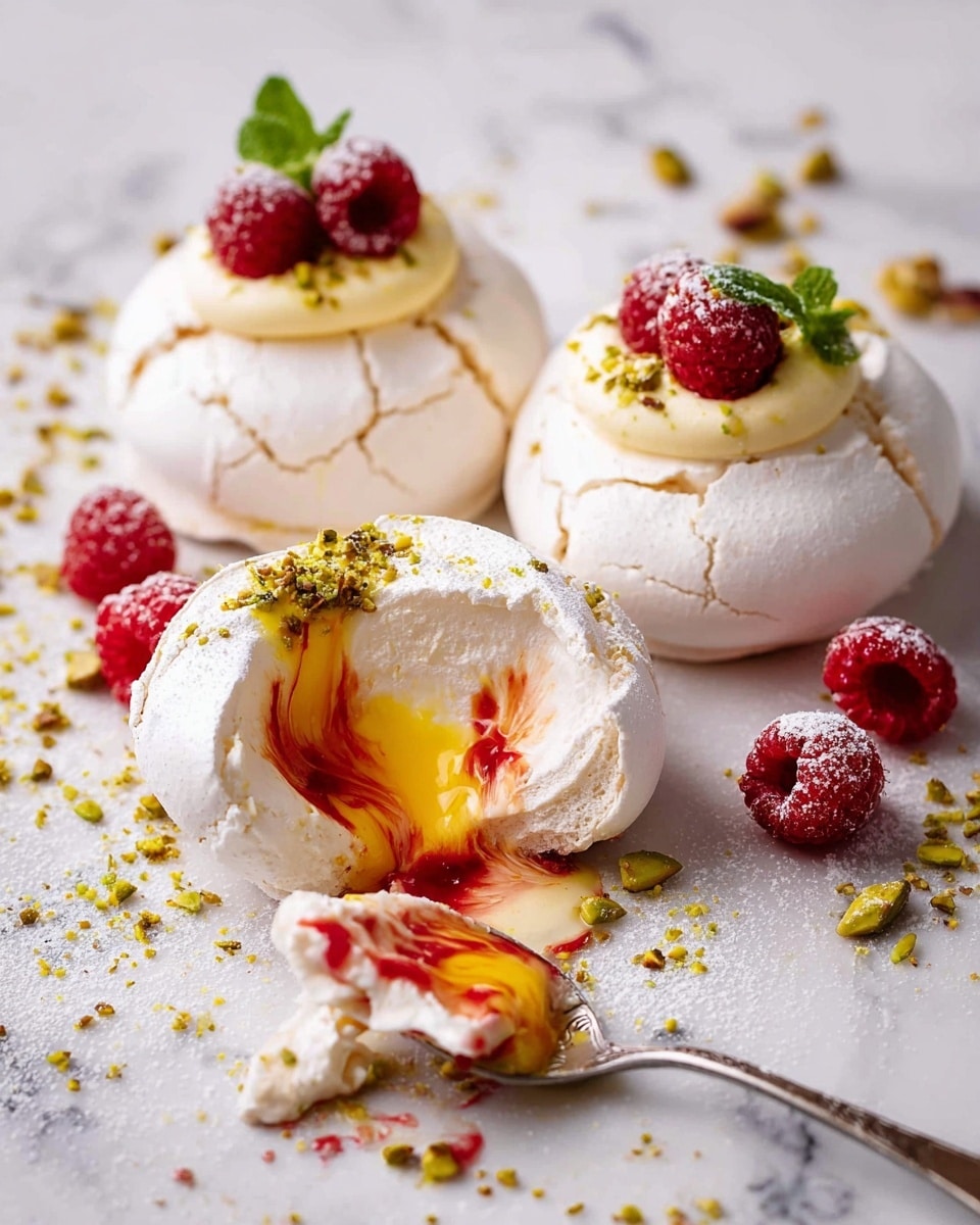 The image shows three round white meringue shells placed on a white marbled surface, two of them whole and one broken open to reveal creamy, smooth yellow and red fruit sauce inside. The meringues have a powdery, cracked texture on the outside with small green nut pieces sprinkled on top and around them. Fresh red raspberries and green mint leaves are scattered around, with some powdered sugar dusting the surface, adding a soft snowy effect. A silver spoon is scooping into the broken meringue, lifting a chunk that shows the soft inside and vibrant sauce. photo taken with an iphone --ar 4:5 --v 7