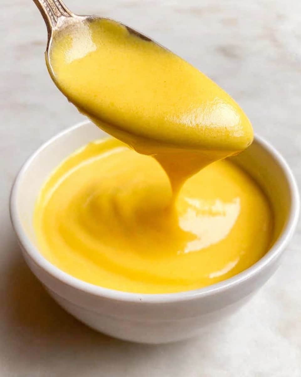 A close-up view of a white small bowl filled with thick, smooth, and creamy yellow sauce. The sauce is shiny and glossy, with a silky texture that drips slowly from a golden spoon held above the bowl. The background is a white marbled surface, highlighting the rich and bright color of the sauce. photo taken with an iphone --ar 4:5 --v 7