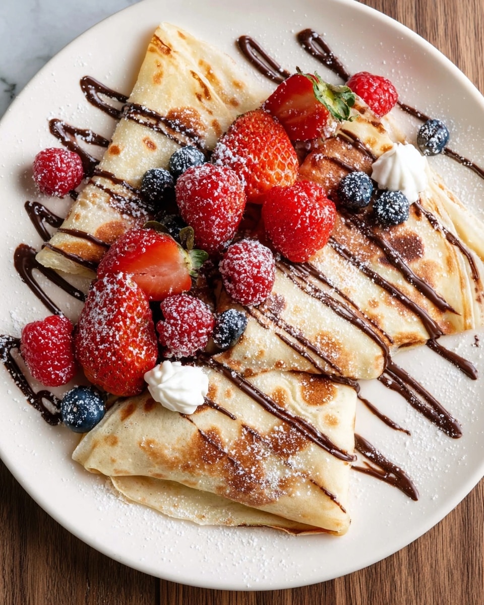 A white plate holds two thin, golden-brown crepes folded into triangles and placed slightly overlapping. The crepes are drizzled with dark brown chocolate sauce in thin lines. Scattered on and around the crepes are fresh red strawberries, some whole and some sliced, deep red raspberries, and plump blueberries. There are small dollops of white cream around the berries and crepes. A light dusting of white powdered sugar covers the crepes and berries, adding a soft texture. The plate rests on a white marbled surface. photo taken with an iphone --ar 4:5 --v 7