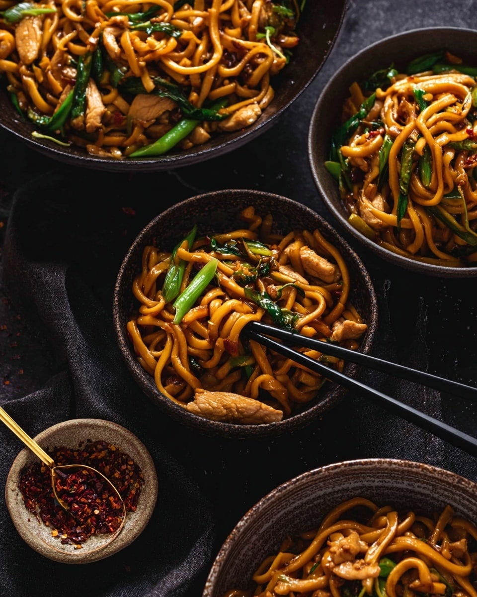 The image shows four dark bowls filled with stir-fried noodles, chicken pieces, and green vegetables on a white marbled surface. Each bowl has thick, glossy yellow noodles mixed with light brown cooked chicken slices and bright green vegetable strips, likely green onions or bell peppers. The noodles have a slight shine from the sauce, and some red chili flakes are sprinkled on top for color contrast. Black chopsticks rest on the edge of the nearest bowl, lifting some noodles. Next to the bowls is a small dark dish with chili flakes and a golden spoon. The overall look is warm and cozy with rich, earthy colors. photo taken with an iphone --ar 4:5 --v 7