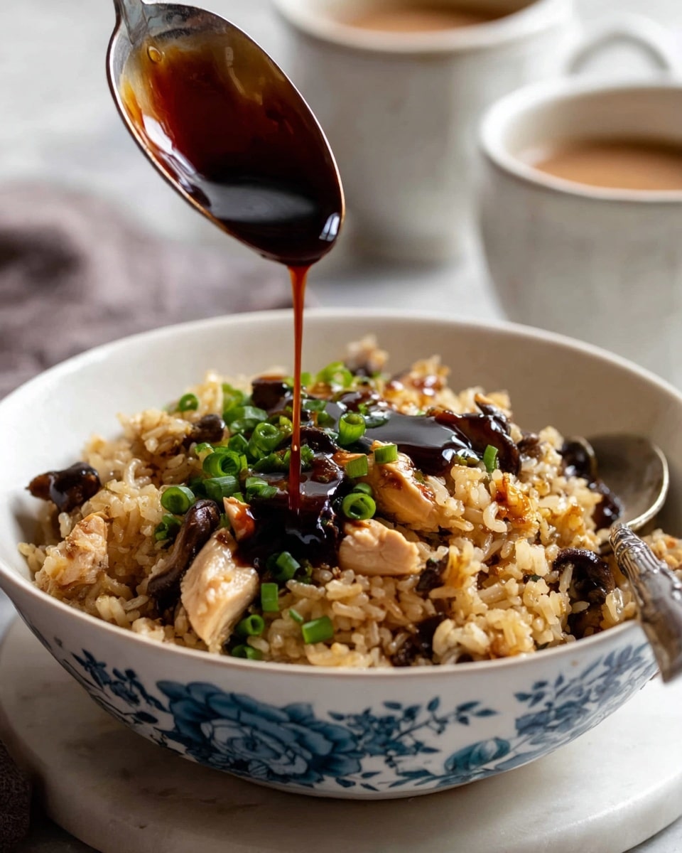 A close-up shot of a bowl filled with fried rice that has a warm golden-brown color, mixed with pieces of chicken and dark mushrooms, topped with chopped green onions. A spoon rests inside the bowl on the right, partially submerged in the rice. Above the bowl, a spoon holds thick dark brown sauce being poured onto the rice, creating shiny droplets. The bowl is white with a gray-blue floral pattern on the outside and sits on a white marbled surface. In the blurred background, two white cups with light brown tea are visible. photo taken with an iphone --ar 4:5 --v 7