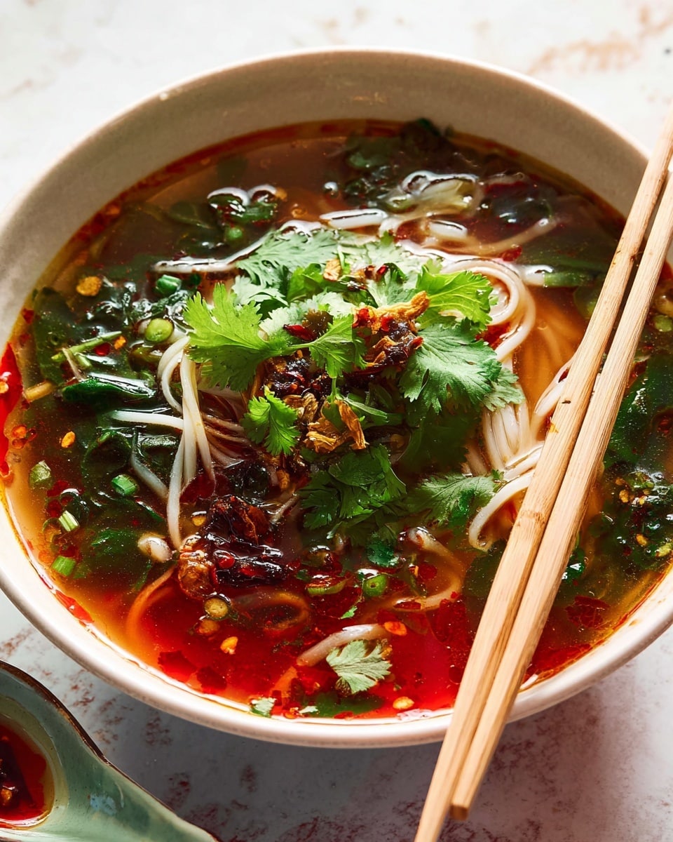 A white bowl filled with clear, amber broth layered with thin white noodles resting at the bottom and scattered bright green leafy vegetables throughout. On top, there is a layer of vibrant red chili oil droplets floating with sliced chili pieces and green herbs like cilantro covering the center. Crispy brown fried shallots add texture and small rings of green onions are mixed in the broth near the edges. Light wooden chopsticks are resting on the bowl’s rim against a white marbled surface photo taken with an iphone --ar 4:5 --v 7