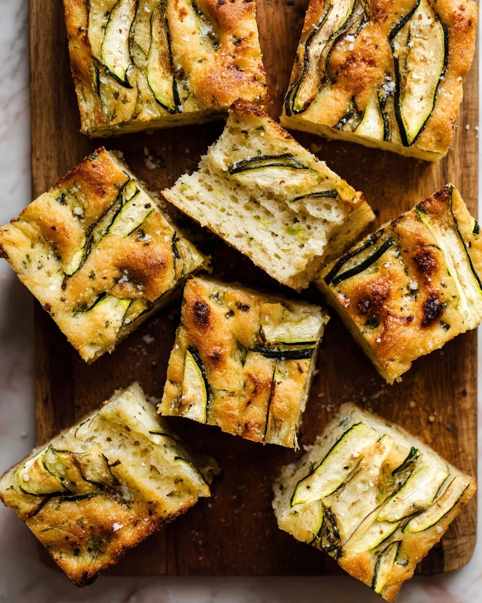 Several square pieces of light yellow zucchini bread are arranged closely on a wooden board. Each piece has 3-4 thin, long layers of green zucchini strips laid on top, some slightly browned and crispy on the edges. The bread texture looks soft and moist with small flecks of green zucchini inside. The top surface is sprinkled with coarse salt and black pepper, adding tiny white and black specks. The bread has a golden brown crust on the sides and top, showing a crispy finish. The scene is set on a white marbled texture background. photo taken with an iphone --ar 4:5 --v 7