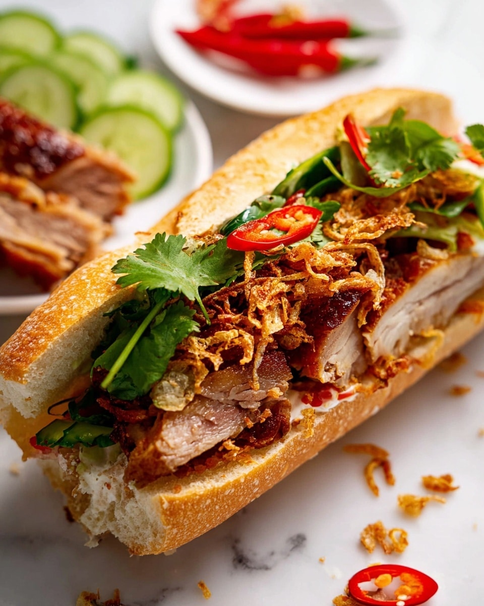 A close-up of a sandwich filled with four clear layers: at the bottom, crisp green cilantro leaves and thin cucumber slices; above that, pieces of golden crispy pork with crunchy crackling skin; next, thin slices of bright red chili peppers and a sprinkle of fried shallots with a rough texture; and on top, a smooth spread of white mayonnaise. The sandwich is held partly open in a white soft baguette bun, and a slice of pork with crackling is visible in the background on a white plate. Thin cucumber slices and extra chili slices rest nearby on the white marbled surface. Photo taken with an iphone --ar 4:5 --v 7