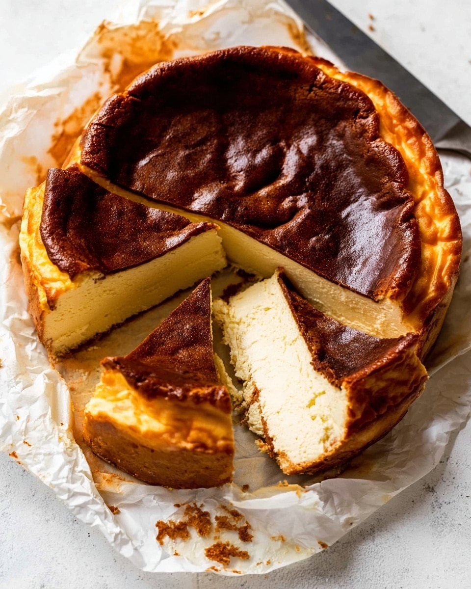 A round cheesecake with a deeply browned, slightly cracked top layer, showing a soft, pale creamy inside. The cheesecake has one slice partly removed, revealing the thick creamy texture beneath the dark top. The edges of the cake are uneven and browned, curling slightly. It sits on crumpled white parchment paper placed on a white marbled surface, with crumbs and bits of burnt crust scattered around. A large knife with a bit of cake residue rests behind the cheesecake. photo taken with an iphone --ar 4:5 --v 7