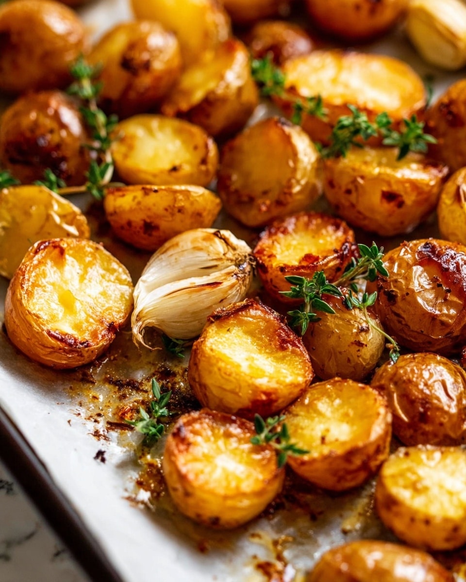 The image shows golden brown roasted baby potatoes cut in halves, their skins crispy and textured with a shiny, oily glaze. The potatoes are mixed with charred garlic cloves and sprinkled with small green herb sprigs, likely thyme, adding a fresh touch. The scene is closely focused on the rustic, crunchy surface of the potatoes with a few specks of black pepper and coarse salt visible on them. This is all set on a white marbled textured surface. photo taken with an iphone --ar 4:5 --v 7