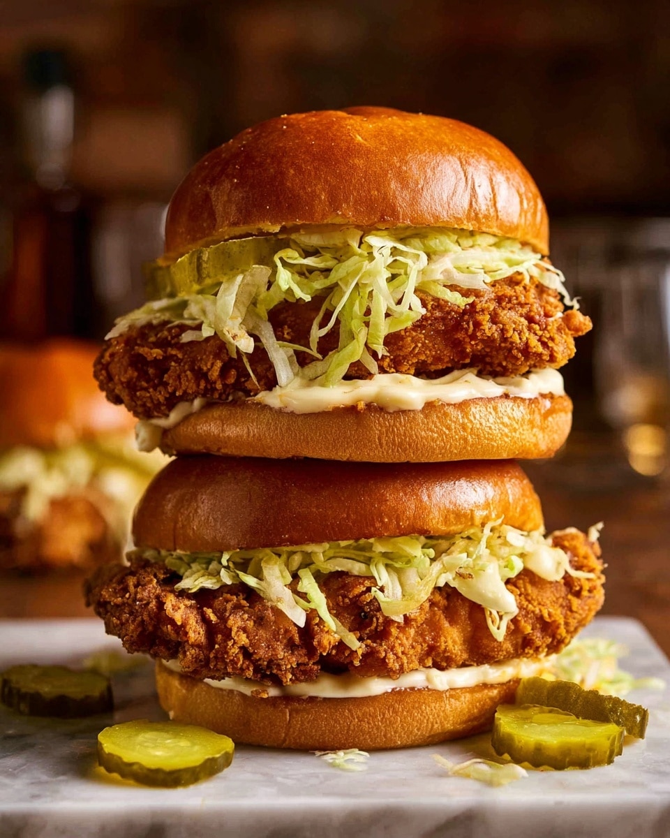 The image shows a tall double fried chicken sandwich with two layers of golden brown crispy fried chicken. Each layer sits between shiny, soft, light brown sandwich buns. Below each piece of chicken is a thick layer of shredded pale green lettuce, adding texture and freshness. Between the top bun and chicken, and between the chicken layers, there is creamy white mayonnaise or sauce. Slices of light green pickles peek out near the bottom chicken layer. The sandwich is on a wooden surface with scattered pickles and bits of lettuce around. The background is blurred dark brown, drawing focus to the sandwich. photo taken with an iphone --ar 4:5 --v 7