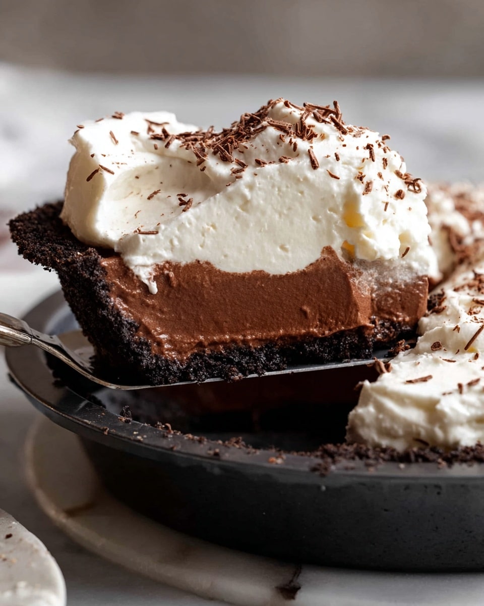 A slice of chocolate cream pie is being lifted with a pie server from a pie in a dark pie pan on a white marbled surface. The pie has three layers: the bottom layer is a crumbly dark chocolate crust, the middle layer is a thick, smooth milk chocolate filling, and the top layer is a thick swirl of white whipped cream sprinkled with fine chocolate shavings. The pie slice shows the cream layer slightly uneven with a textured surface, and the chocolate filling has a velvety look. Photo taken with an iphone --ar 4:5 --v 7