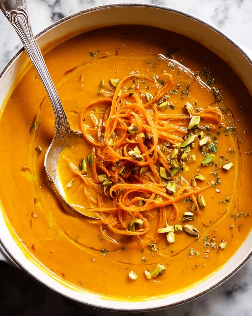 A white bowl filled with smooth, bright orange soup with a creamy texture, topped in the center with thin, curled orange strips and scattered small pieces of greenish-brown nuts, sprinkled lightly with chopped green herbs, with a silver spoon resting inside the bowl on the left side; the bowl sits on a white marbled surface. Photo taken with an iphone --ar 4:5 --v 7