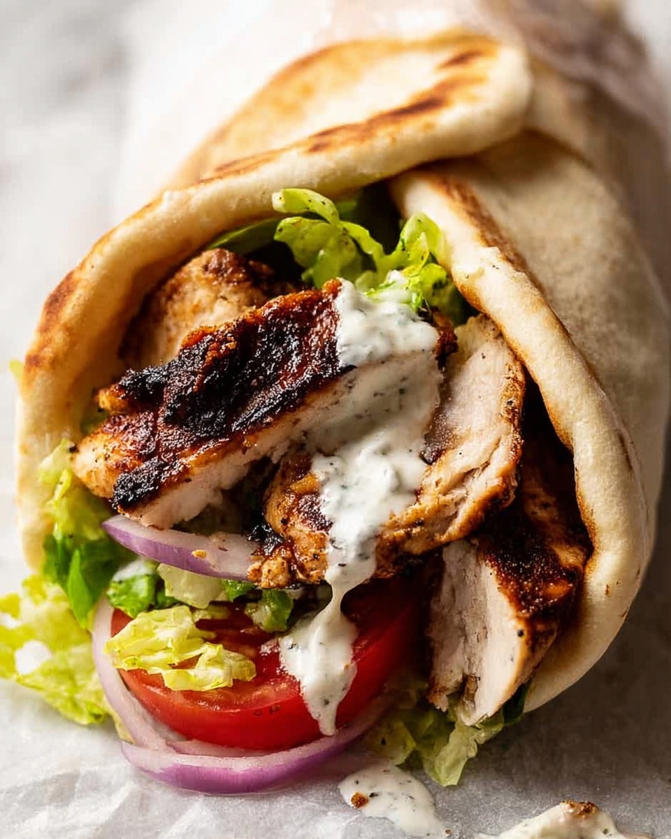 A close-up view of a chicken wrap shows a soft, light beige flatbread folded around layers of food, with the wrap slightly open to reveal the filling. Inside, the top layer has dark brown, crispy grilled chicken pieces with a textured, charred surface. Underneath, there is a creamy white sauce that drips slightly, adding a smooth texture contrast. Below the sauce, bright green lettuce leaves add freshness, a slice of red tomato adds color, and thin slices of purple onion bring sharpness. The wrap rests on white marbled paper with a few smudges of sauce and green lettuce pieces scattered around. photo taken with an iphone --ar 4:5 --v 7