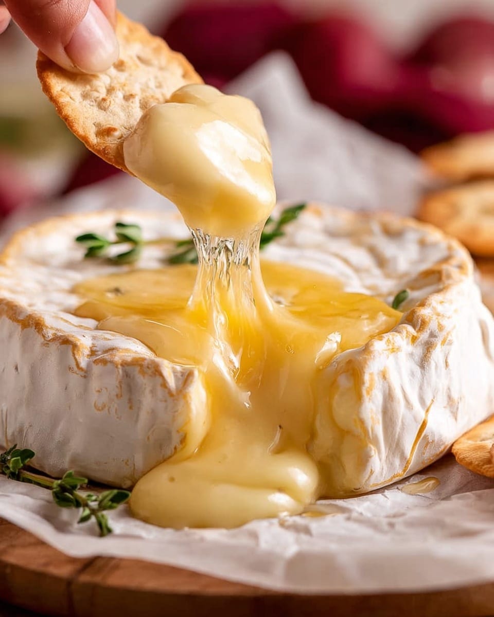 A round wheel of soft white cheese with a slightly wrinkled rind sits on crumpled white parchment paper, with the top layer cut open revealing a thick, creamy, pale yellow inside that flows smoothly as a piece of crisp brown cracker is dipped into it by a woman's hand; a small sprig of green thyme rests on the cheese, and a golden honey-like glaze trails around the cheese on the parchment, all set against a white marbled texture surface in soft, warm lighting. photo taken with an iphone --ar 4:5 --v 7