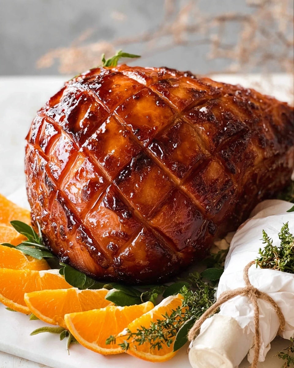 A large glazed ham with a dark reddish-brown shiny surface and a crosshatch pattern covers the top of the meat, showing a thick texture. The ham is presented on white parchment paper with bright orange wedges and fresh green sprigs surrounding the bottom edge, adding a vibrant contrast. The bone end is wrapped with white and beige cloth tied with a string, giving it a neat finish. The background is soft and dark, making the ham stand out on a white marbled surface. Photo taken with an iphone --ar 4:5 --v 7
