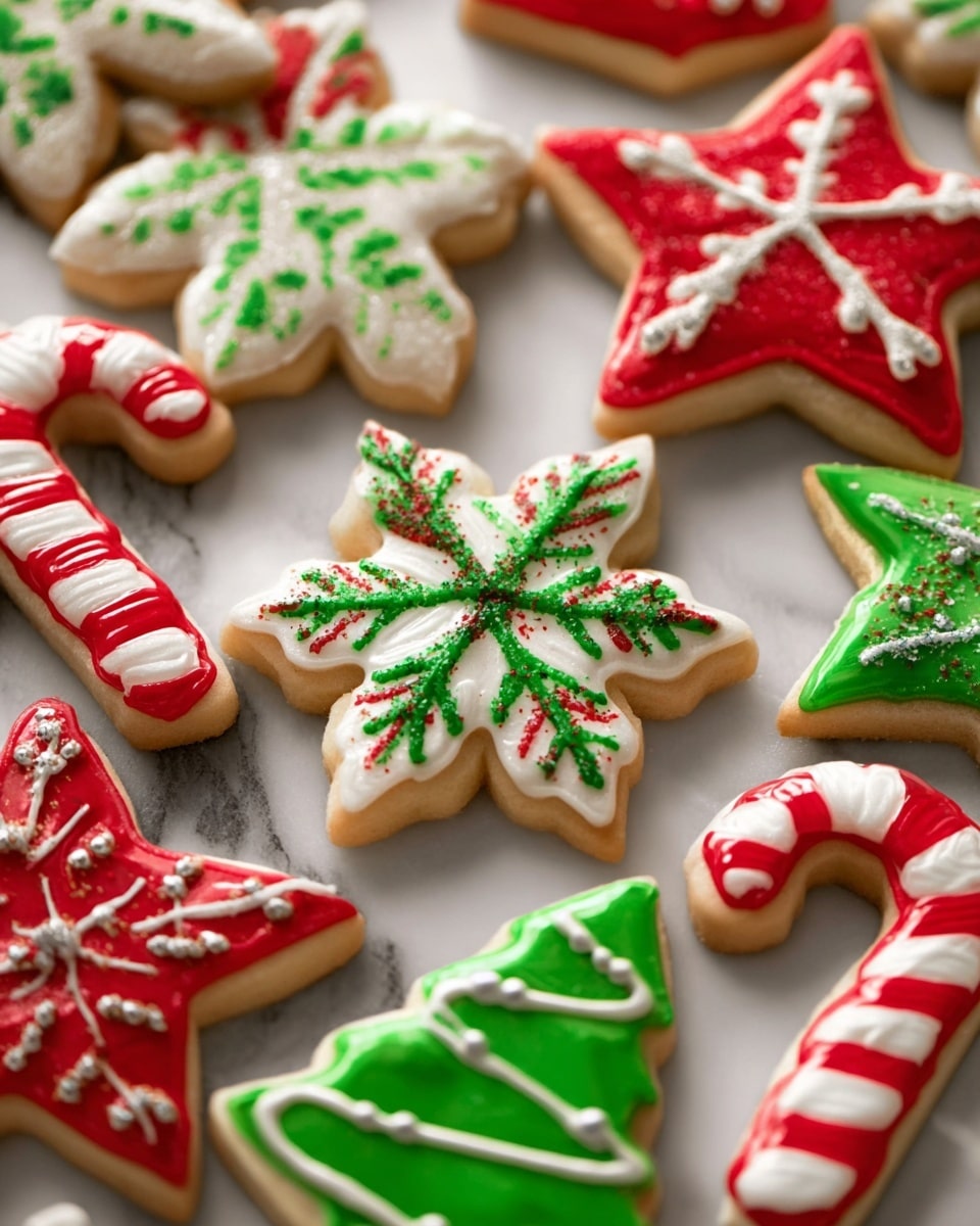 The image shows an assortment of Christmas cookies on a white marbled surface, including snowflakes, candy canes, Christmas trees, and stars. Each cookie is thick with a golden-brown base layer. The snowflake cookies have a smooth white icing layer with green icing snowflake patterns and dots on top. The candy cane cookies have a white icing layer with evenly spaced red stripes on top. The Christmas tree cookies have a green icing base with white icing garlands and silver edible beads, along with small red dot decorations. The star cookies feature a red icing base with white zigzag icing layered on top. The cookies are close to each other, showing detailed textures of the icing and decorations. photo taken with an iphone --ar 4:5 --v 7